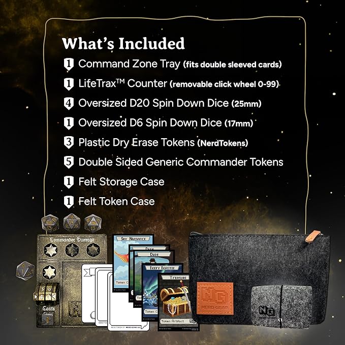 Nerd Gear Commander Essentials Kit - Ultimate Accessory for MTG Commander EDH - MTG Command Zone Tray - Health Counter - Spin Down Dice - Dry Erase Tokens (Ancient Bronze)