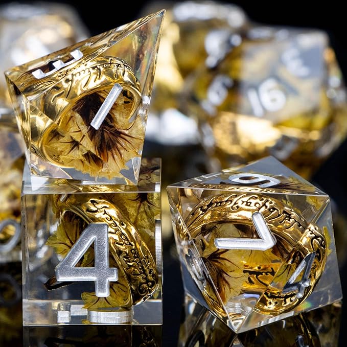 Magic Golden Ring DND Dice Set Sharp Edge Red Resin Dice with Box, for use with RPG D&D Tabletop Games Lord D and D Polyhedral Dice Set