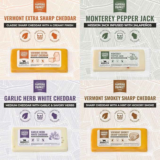 Farmers' Market Cheese Block Assortment 6oz & 7oz 6-Pack, Shelf Stable, Pasteurized, Locally Sourced Wisconsin Cheese (Assortment, 6 Count)