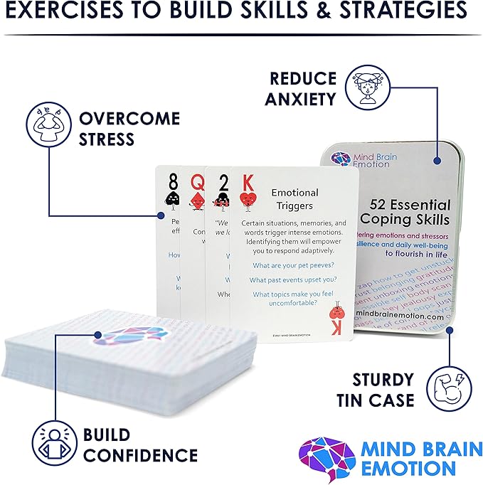 Mind Brain Emotion 52 Essential Coping Skills Cards - Self Care Exercises for Stress and Social Anxiety Relief - Resilience, Emotional Agility, Confidence Therapy Games for Teens, Adults