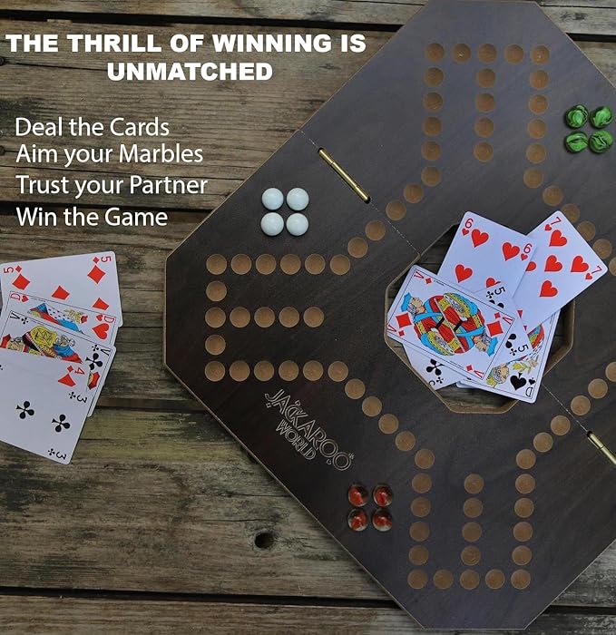 Jackaroo Board Game - 2-4 Player Marbles Strategy Game - Marble Chase Game - Carbles Board Game with Cards - Jokers and Marbles board game - Wahoo Wooden Board Foldable and Open in The Middle (Walnut)