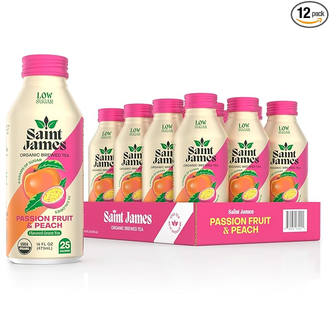 Saint James Iced Tea - Organic Green Tea - Non GMO, Gluten Free, Low Calorie & Low Sugar - Passion Fruit & Peach, 12 Pack (16 fl oz each)