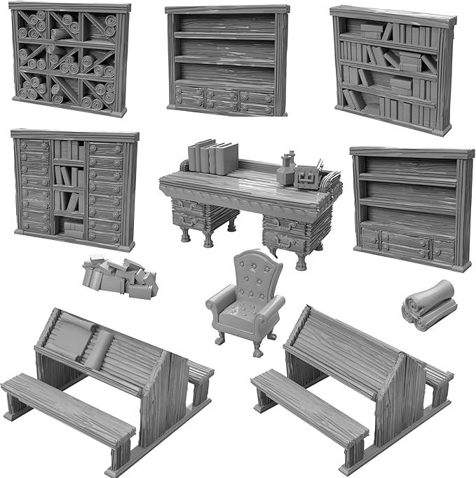 3DEGOS Library Furniture Set DND Terrain 28mm for Dungeons and Dragons, D&D, Pathfinder, Warhammer 40k, RPG, Miniatures, Age of Sigmar, Tabletop, D and D, Dungeons and Dragons Gifts