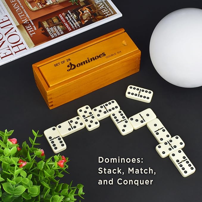Queensell Dominos Set for Adults – Dominoes - Classic Board Games, Double 6 Dominoes Family Games for Kids and Adults - Double Six Standard Dominos Set 28 Tiles with Wood Case, Juegos de Mesa