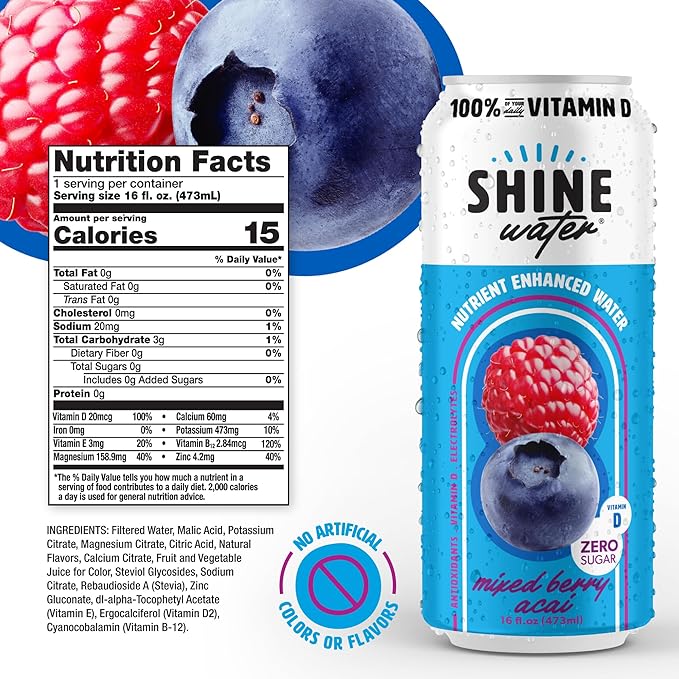 ShineWater Vitamin D Hydration Electrolyte Drink - Flavored water with electrolytes, Sugar-Free, Magnesium, Zinc, Vitamin B12, Folic Acid, Plant-Based, Low Calorie - Mixed Berry Fruit Water 12 Pack