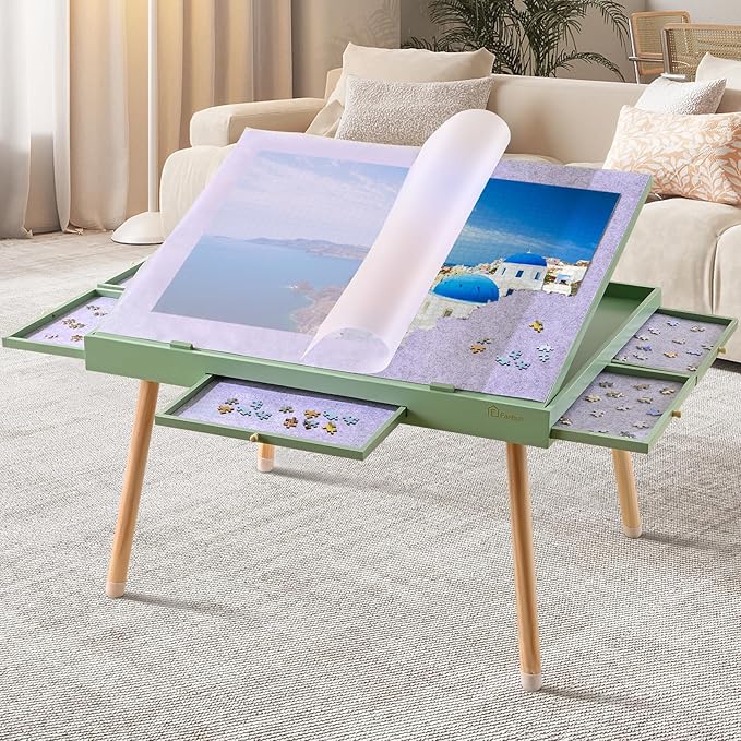 1500 Pieces Wooden Jigsaw Puzzle Board with Legs, 35"x26.8" Felt Mat Puzzle Table with 5 Drawers and Cover, 3 Adjustable Tilting Angles Up to 40° Puzzle Table for Adults and Teens, Mint Green