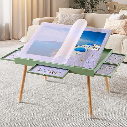 1500 Pieces Wooden Jigsaw Puzzle Board with Legs, 35"x26.8" Felt Mat Puzzle Table with 5 Drawers and Cover, 3 Adjustable Tilting Angles Up to 40° Puzzle Table for Adults and Teens, Mint Green