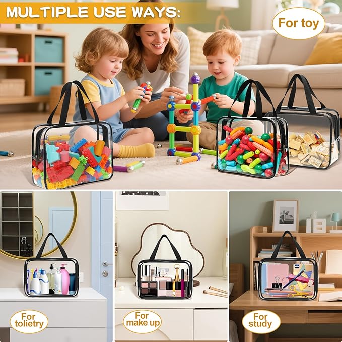 Toy Storage Bags - 6 Packs Toy Storage Organizer with Labels & Pen for Kids, Reusable Clear PVC Board Game Storage with Zipper, Waterproof Travel Bags for Building Blocks, Puzzles (Black)