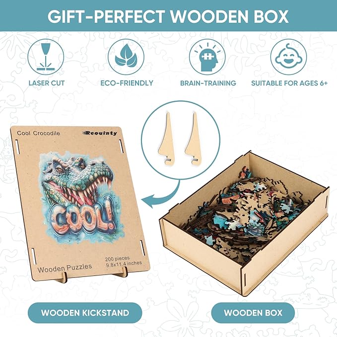 Wooden Puzzles for Adults, Cool Crocodile Jigsaw Puzzles 200 Pieces Animal Unique Shaped Wood Cut Puzzle Gifts for Adults and Kids, Family Puzzle Games, Medium Size