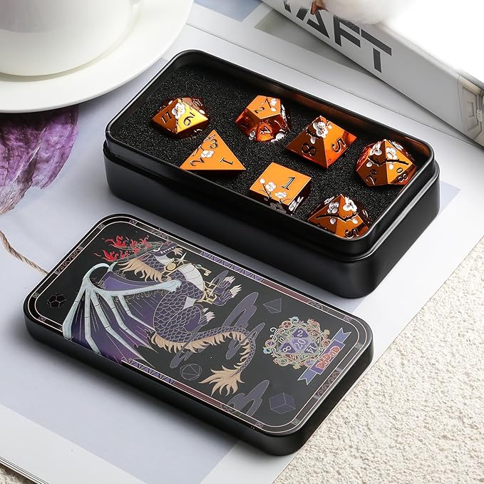 Orange Metal Dice D&D, DNDND 7 PCS Heavy Metallic DND Dice Set with Gorgeous Gift Case for Dungeons and Dragon Tabletop Game (Orange with White Flowers)