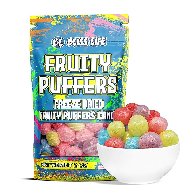 Bliss Life Fruity Puffers Freeze Dried Candy, Crunchy Sweet, For Parties, Classroom, Office, Goodie Bags, Snack for Kids (2oz)
