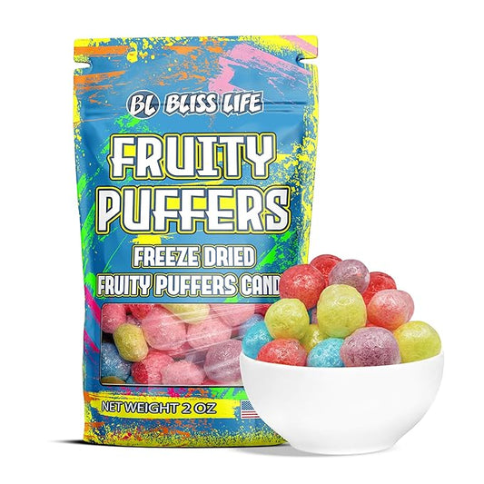 Bliss Life Fruity Puffers Freeze Dried Candy, Crunchy Sweet, For Parties, Classroom, Office, Goodie Bags, Snack for Kids (2oz)
