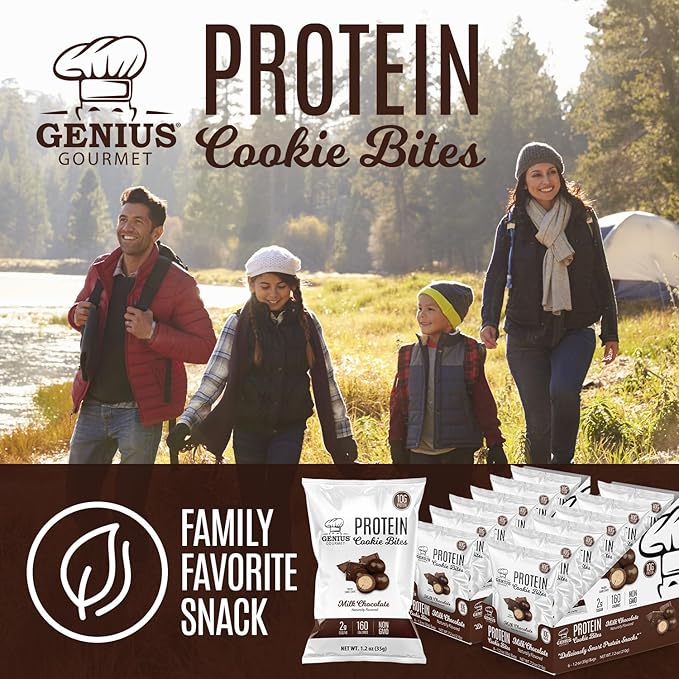 Genius Gourmet Protein Cookie Bites Milk Chocolate - 10g Protein, No Added Sugar, Low Carb, Non-GMO - Sweet Protein Desserts & Protein Snacks for Adults and Kids - 12 Bags