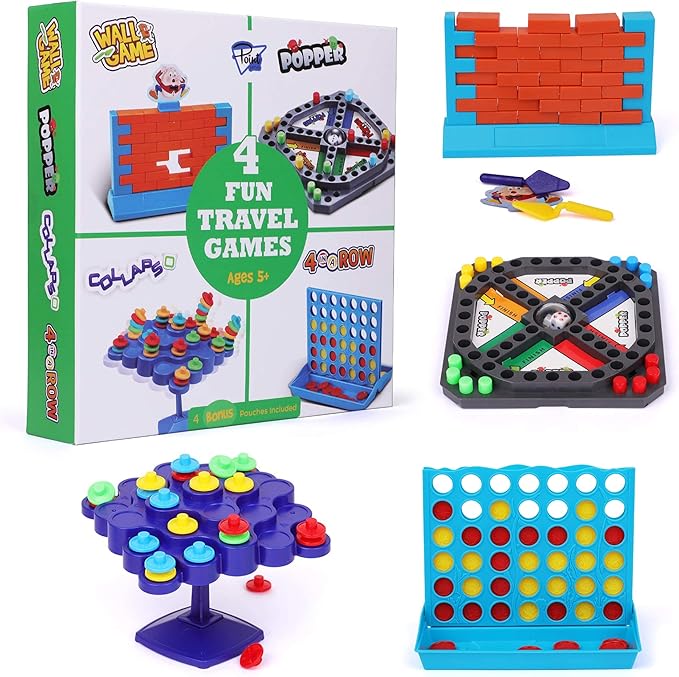 Travel Games 4-in-1 Airplane Travel Essentials, Road Trip Essentials Kids Fun Games, Easy Storage & Travel Friendly, Critical Thinking and Brain Development Skills