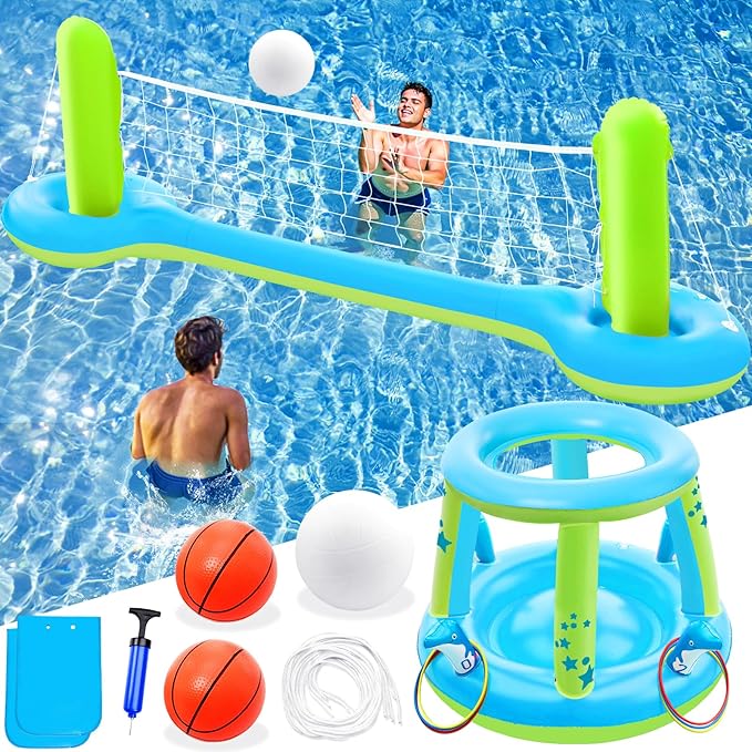 Jasonwell Pool Toys Games Set - 3 in 1 Pool Volleyball Net Basketball Hoop Ring Toss Game Inflatable Floats Water Floating Volleyball Swimming Pools Party Game Accessories Toy Gift Kids Teens Adults