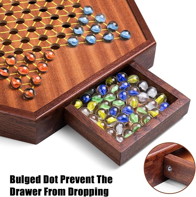 VAMSLOVE Large 17" Chinese Checkers Board Game for 2-6 Player Wooden Game Board, 16mm 60+12 Colorful Glass Marbles, Easy Grasping for Adults and Kids, w/Storage Drawer, Fun for Family Gathering