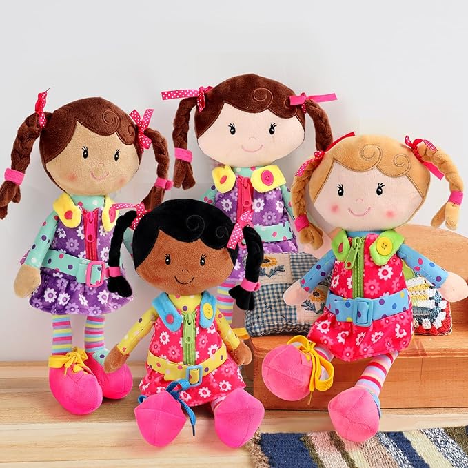 Sugar Snap Plush Doll for Toddlers Learn to Dress Montessori Toy - Dress Me Doll - Zipper, Snaps, Buttons, Buckle, Shoe Tying Practice - Educational Toy for 2 3 Year Old Girl - Montessori Doll - 15"
