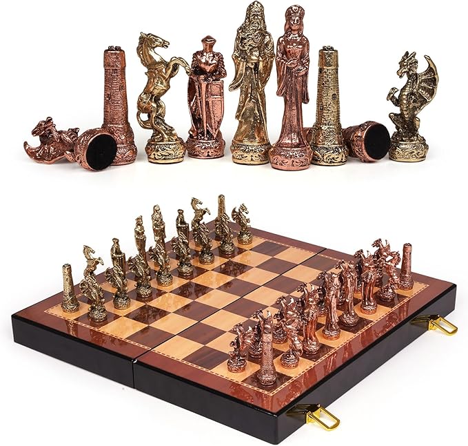 Vintage Figurine Metal Chess Set for Adults and Kids – Wooden Chess Board with Metal Chess Pieces Travel Chess Set with Metal Chessmen – Collectible Elegant Chess Game – Family Vintage Board Game