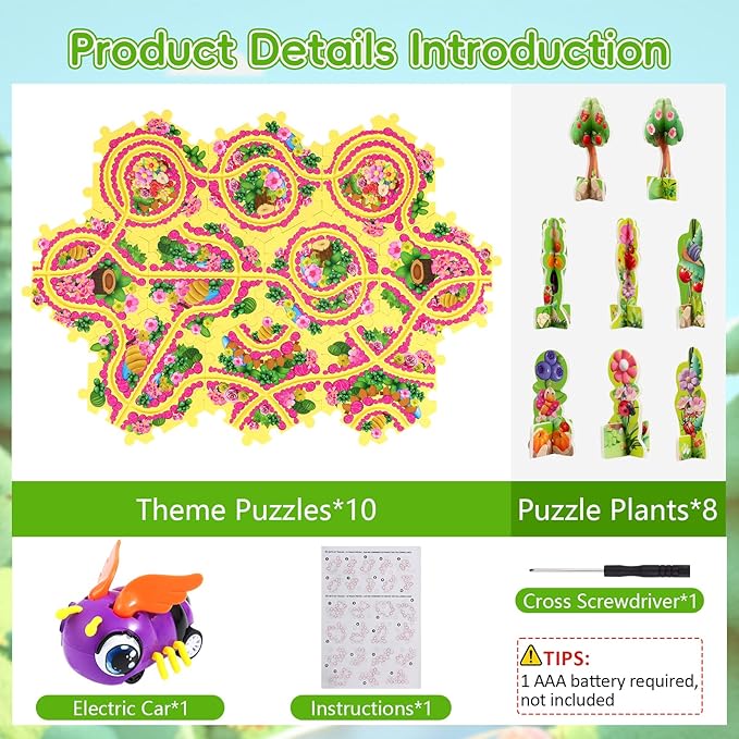 10Pcs Puzzle Track Car Play Set for Toddlers, Puzzle Racer Kids Car Track Set, Race Tracks for Kids Ages 4-8, Educational Puzzle Car Toys for 3 4 5 Year Old Boys (Bee)