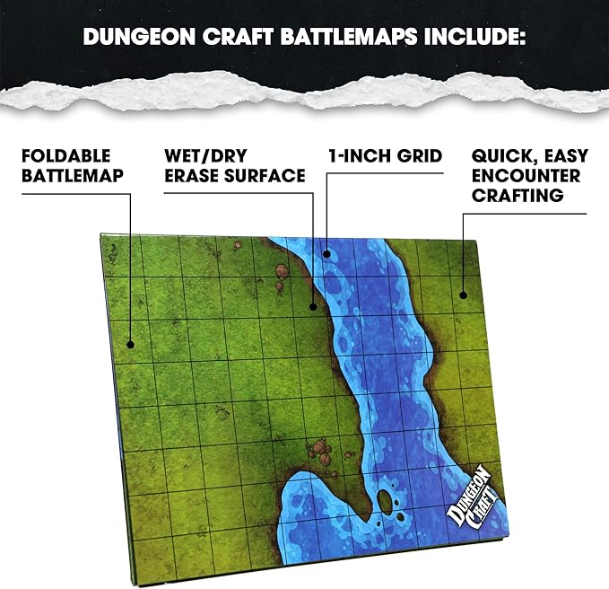 DUNGEON CRAFT Battle Map for DND & RPG – Double-Sided Gloss Laminated 24"x33" Mat with 1" Grid – Wet/Dry Erase Tabletop Terrain – Grasslands Pack