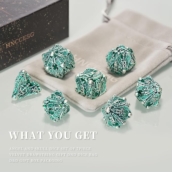 DND Dice,HNCCESG Hollow Metal Set 7 Pcs for Dungeons and Dragon,D and D GIFS of Tabletop Game (Matte Green White Skull)