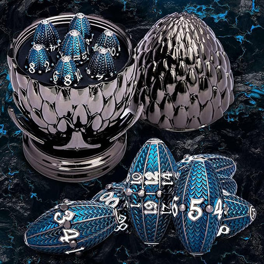 ARUOHHA DND Metal Dice Black Blue Dragons Egg Dice with Rotating Dragon Egg Shell, Compatible with D&D RPG Role Playing Game, Dungeons Polyhedral D and D Dice Set D20 D12 D10 D8 D6 D4