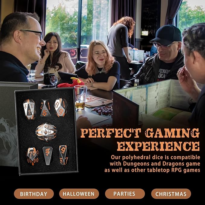 DND Metal Dice Set, ZHOORQI 7 Pcs Polyhedral Dice, Perfect for Dungeons and Dragons, RPG Role Playing Games - Unique Cool Dice with Stonehenge Themed Design for Game Gifts（Rusty Orange）