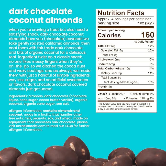 UNREAL Dark Chocolate Coconut Almonds (6 Pack) - Certified Vegan, Gluten Free, Fair Trade, Non-GMO, No Sugar Alcohols or Soy (6 Bags)