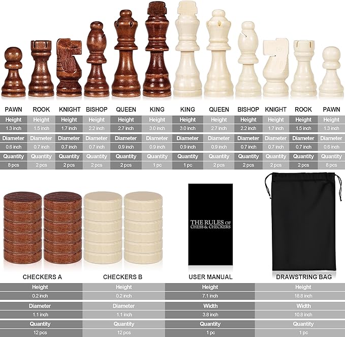 Magnetic Wooden Chess & Checkers Board Game - 15" Folding Chess Board(2 in 1)- Handcrafted Chesspiece (includes 2 Extra Queens) and Storage Slots- Portable Travel Board Games for Adults Kids, 6 up Age