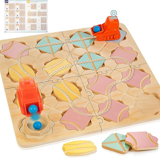 Wooden Logical Road Builder Games, STEM Puzzle Family Board Games, Educational Brain Teaser Puzzle Toys for Boys Girls Ages 4-8, Maze Builder Set