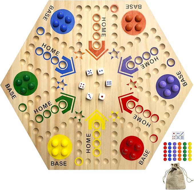 Wooden Board Game, Board Game Original Marble Game Double Sided Painted 2 to 6 Player Fast Track Board Game Wooden with 6 Colors 24 Marbles 6 Dice for Adults Kids Family(15 INCH)