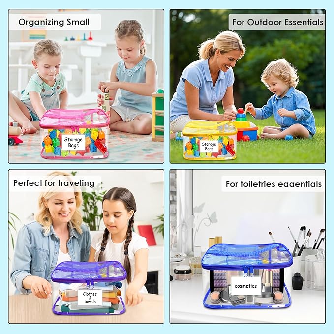 8 Pack Large Clear Toy Storage Bags with Zipper - 9.4x6.7x5.1In Waterproof PVC Organization for Lego, Building Blocks, Board Games & Puzzles - Includes Name Tag (Colorful)