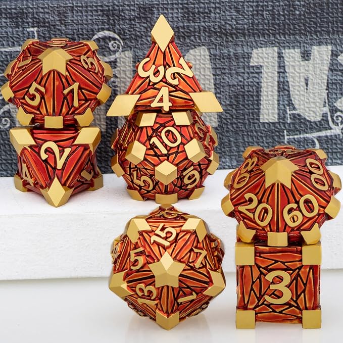 Metal DND Dice Set Golden Red Debris RPG D and D Dice for use with D&D Tabletop Games Role Playing Game Polyhedral Dice Set with Box D20 D12 D10 D8 D6 D4