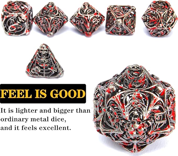 Metal Skull Dice Set Hollow Multi-Sided Dungeons & Dragons Dice 7CPS Role-Playing Dice Set with Flannel Bag Suitable for D&D Board Game Cards (Spatter)