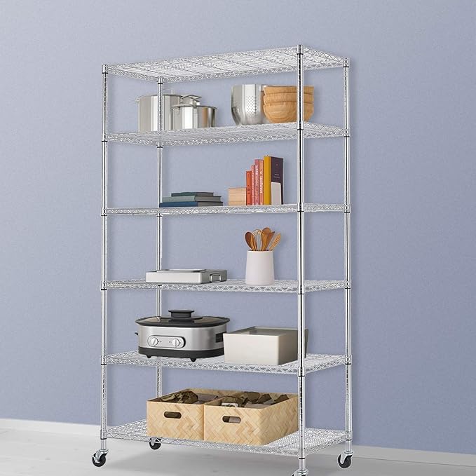 48" D×18" W×82" H Wire Shelving Unit Metal Shelf with 6 Tier Casters Adjustable Layer Rack Strong Steel for Commercial Restaurant Garage Pantry Kitchen Garage，Chrome