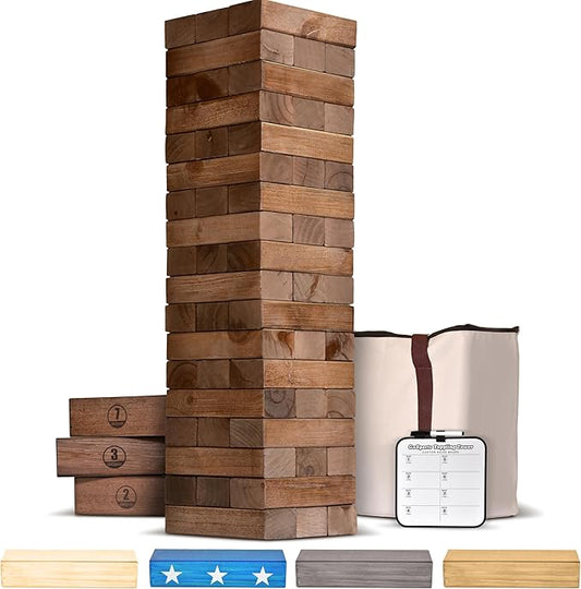 GoSports Giant Wooden Stacking Game - Stacks Up to 5 ft - Choose Brown Wood Stain, Gray, Natural, Stars & Stripes, or Tropical Hardwood - Toppling Tower