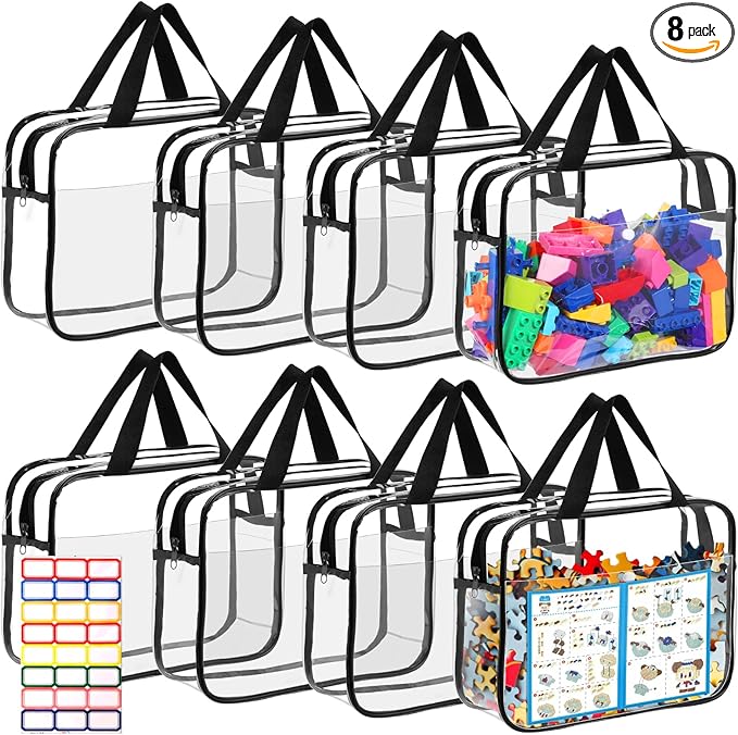 8 Packs Large Toy Storage Bags with Labels&Manual Pocket, Reusable Clear PVC Board Game Storage Bags, Travel Waterproof Organizer Bags with Zipper for Building Blocks, Puzzle, Cosmetic