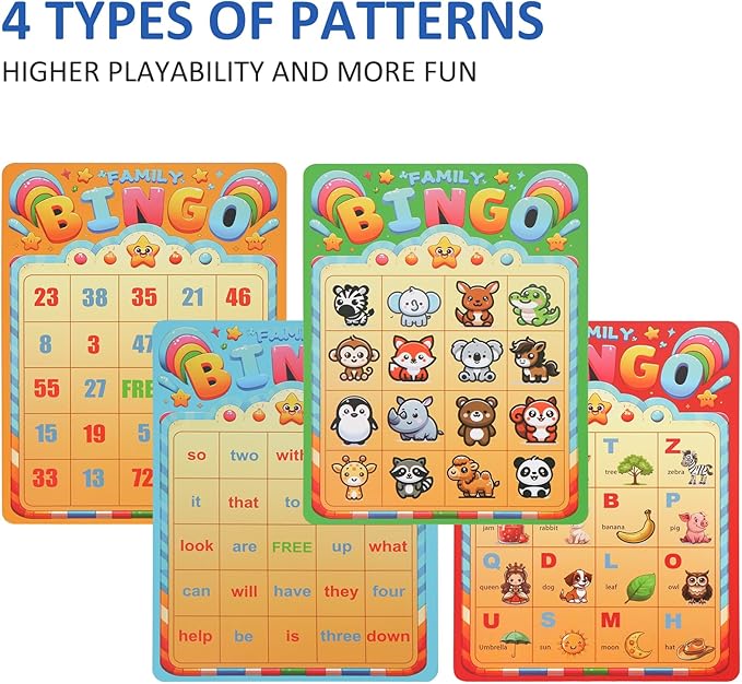 Family Bingo Game for Toddlers Ages 3+ | 4-in-1 Educational Bingo Set for Kids with Numbers, Sight Word, Letters & Animals | Family-Friendly Board Game for Learning & Fun | 2-4 Players