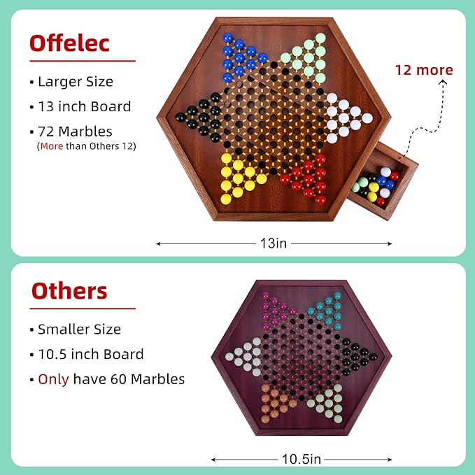 Wooden Chinese Checkers Set with Storage Drawer, 13 inches Upgraded Version Game Board, 60+12 Glass Marbles in 6 Colors, Classic Strategy Games for Adults and Kids, Fun for Family Gathering