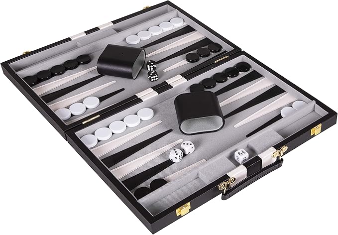 Backgammon Set 15 inch, Medium - Classic Board Game for Adults and Kids with Premium Leather Case - Includes Strategy & Tip Guide (Black)