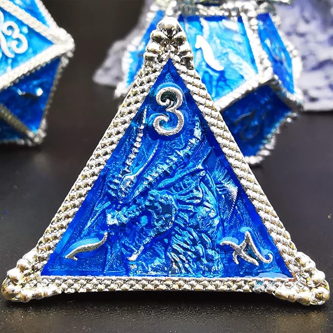 HAOMEJA Metal Dragon Dice Set DND 7 Set Dice Role Playing Dice D&D Dungeons and Dragons (Silver Blue)