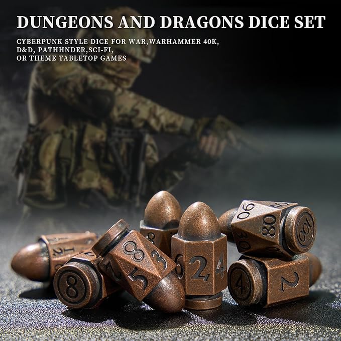 Bullet Brass Dice for Dungeons and Dragons - Solid Metal Polyhedral D&D Dice Set for MTG, RPG, Tabletop Games, Warhammer 40K, Shadowrun