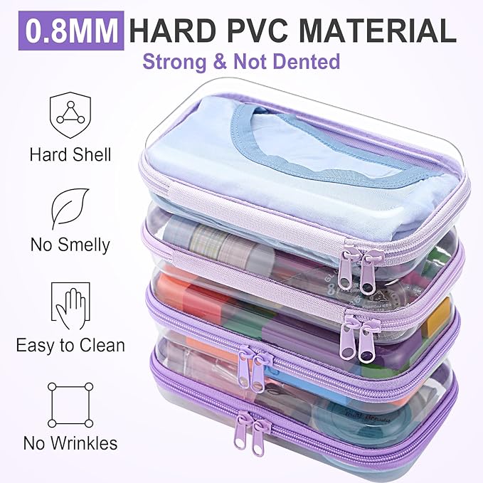 Hoolerry 4 Pcs Hard Clear Zipper Case Transparent Cases for Snacks Makeup Bag Plastic Storage Box Containers for Building Blocks, Puzzles, Cosmetics(Purple,7.5 x 3.9 x 2 in)