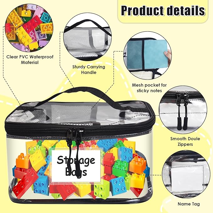 8 Pack Large Clear Toy Storage Bags with Zipper - 9.4x6.7x5.1In Waterproof PVC Organization for Lego, Building Blocks, Board Games & Puzzles - Includes Name Tag (Black)