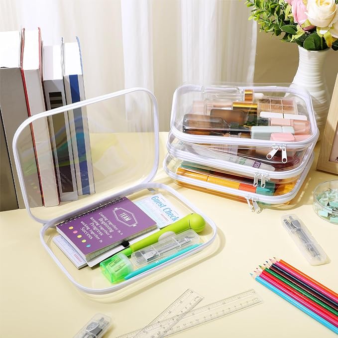 Hoolerry 4 Pcs Hard Clear Zipper Case Transparent Cases for Snacks Makeup Bag Plastic Storage Box Containers for Building Blocks, Puzzles, Cosmetics(White,9.8 x 7.9 x 2 in)