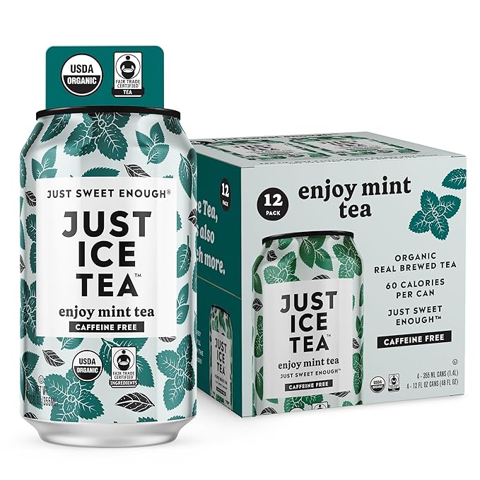 Just Ice Tea, Enjoy Mint Iced Tea, 12-Pack (12oz Cans), Caffeine Free Herbal Tea, USDA Certified Organic, Real Brewed, Low Calorie, No Artificial Sweeteners, Fair Trade, Made in USA.
