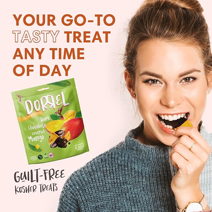 DORREL - Belgian Dark Chocolate Covered Mango Slices, High Energy Vegan Choco Snack, Delicious, Kosher & Non-GMO, Pack of 3 Dark Chocolate Fruit Bites, 8.8 oz / 250 g Ea