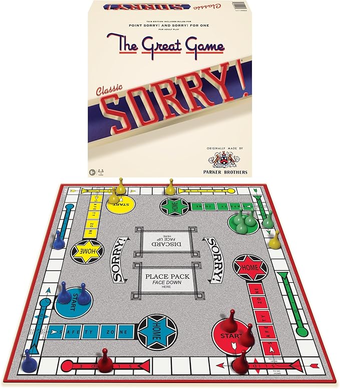 Classic Sorry With Retro Artwork and Components by Winning Moves Games USA, a Family Favorite for almost 100 Years, for 1-4 Players, Ages 6+