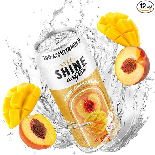 ShineWater Vitamin D Hydration Electrolyte Drink - Flavored water with electrolytes, Sugar-Free, Magnesium, Zinc, Vitamin B12, Plant-Based, Low Calorie - Peach Mango Fruit Water 12 Pack