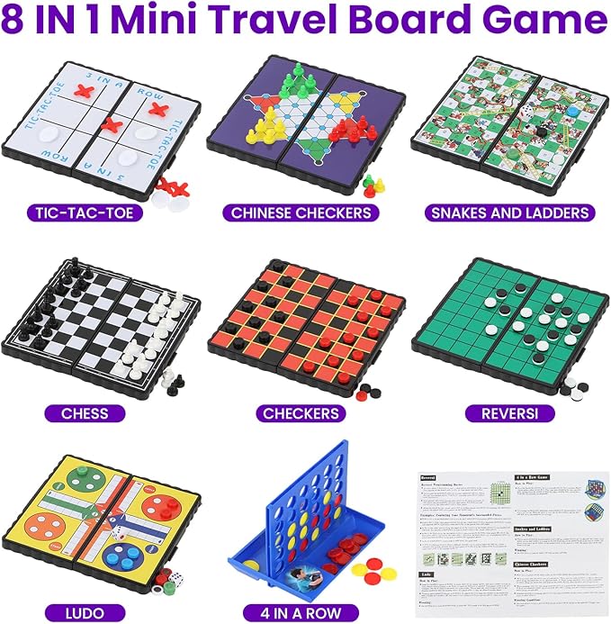 8-in-1 Mini Travel Board Games Set, Magnetic Checkers Game with Folding Magnet Board, 4 in a Row Game, 5.2'' Compact Design Ideal for Family/Road Trip/Travel/Camping Party, Included Storage Bag